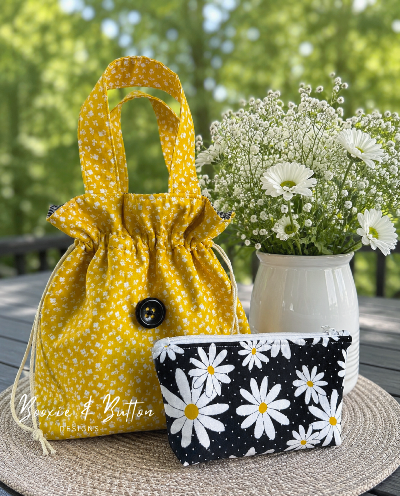 Yellow floral drawstring tote with matching pouch