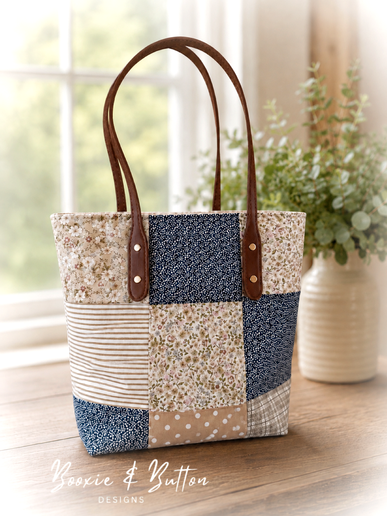 Neutral patch charm tote