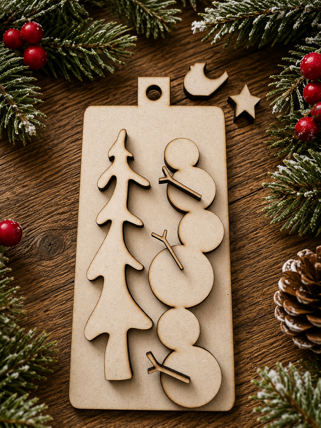 Stackable snowmen and tree on board