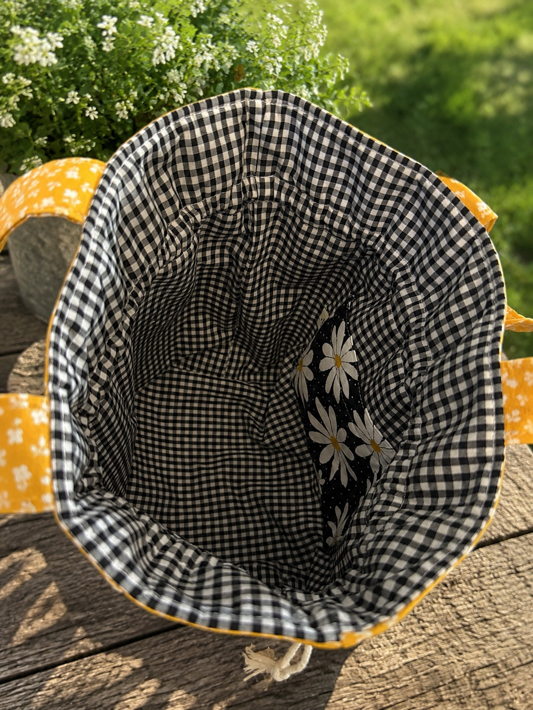 Yellow floral drawstring tote with matching pouch